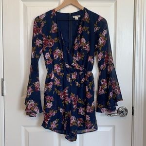 Navy Bell Sleeve Floral Romper, Size XS
